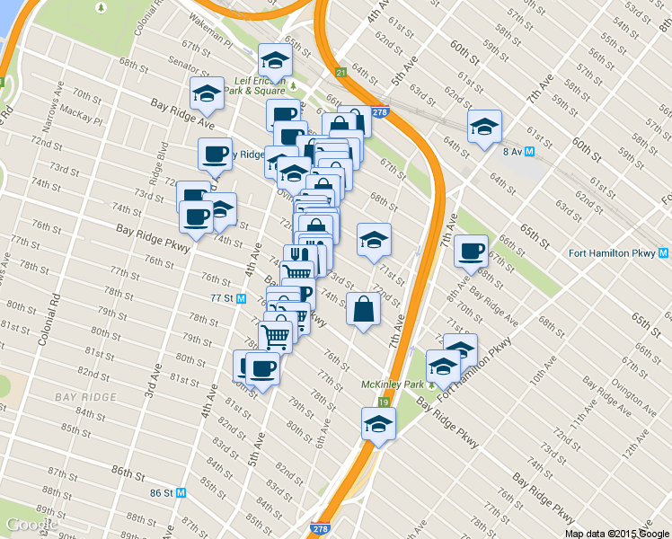 map of restaurants, bars, coffee shops, grocery stores, and more near 553 73rd Street in Brooklyn