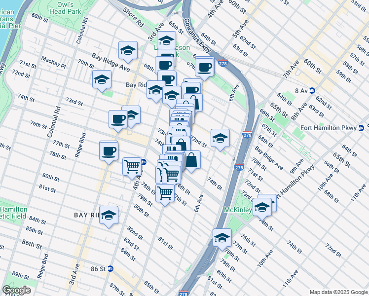 map of restaurants, bars, coffee shops, grocery stores, and more near 7402 5th Avenue in Brooklyn