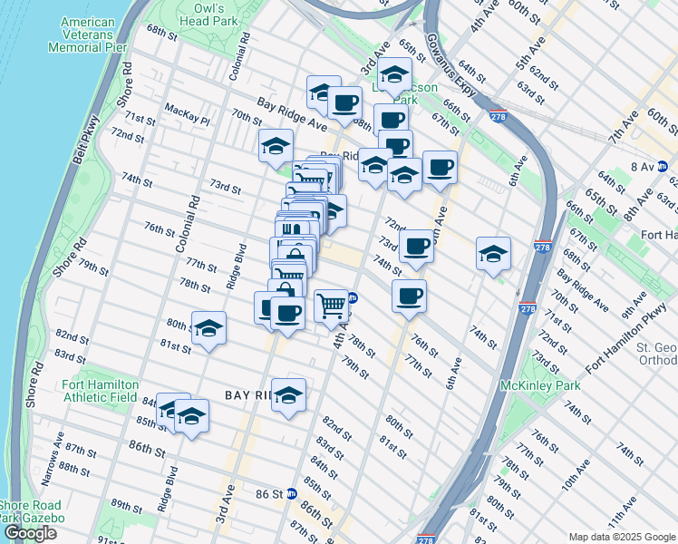 map of restaurants, bars, coffee shops, grocery stores, and more near 347 76th Street in Brooklyn