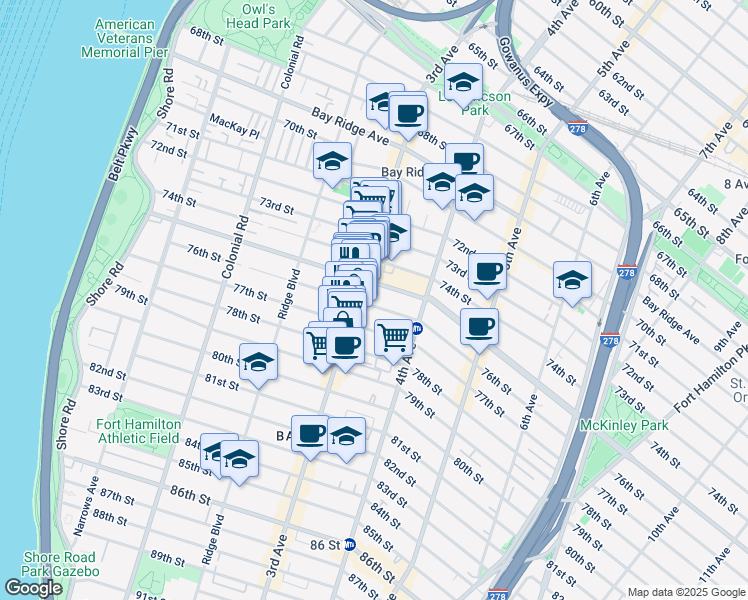 map of restaurants, bars, coffee shops, grocery stores, and more near 7605 3rd Avenue in Brooklyn