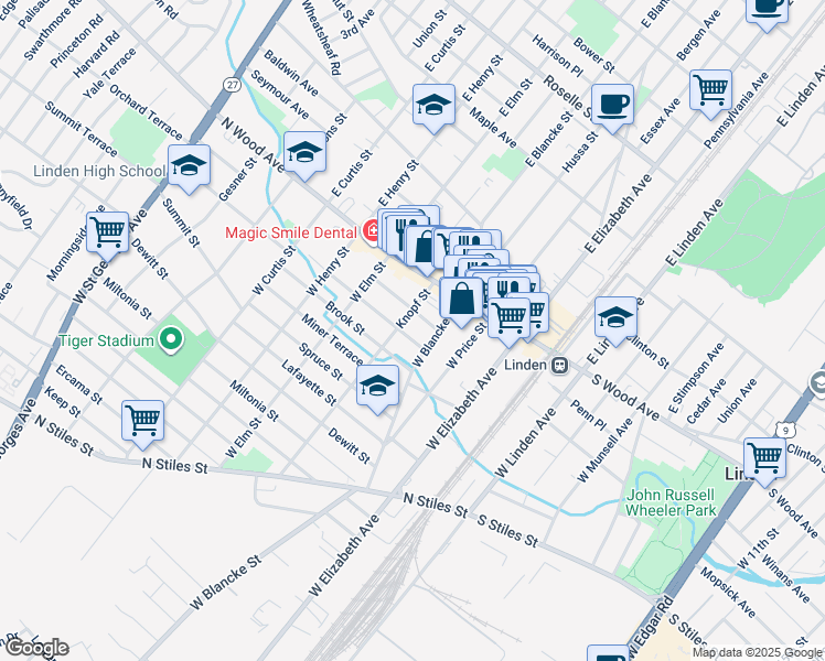 map of restaurants, bars, coffee shops, grocery stores, and more near 120 West Blancke Street in Linden