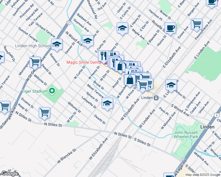 map of restaurants, bars, coffee shops, grocery stores, and more near 215 Knopf Street in Linden