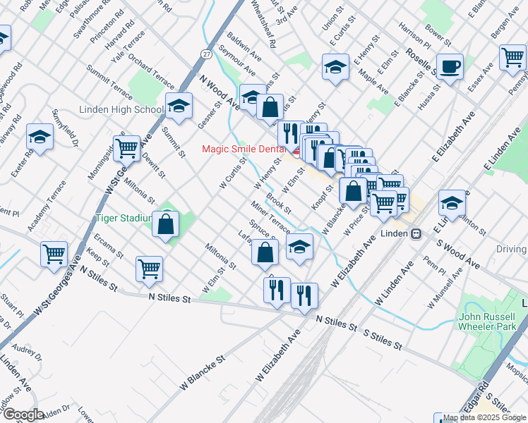 map of restaurants, bars, coffee shops, grocery stores, and more near 410 West Elm Street in Linden