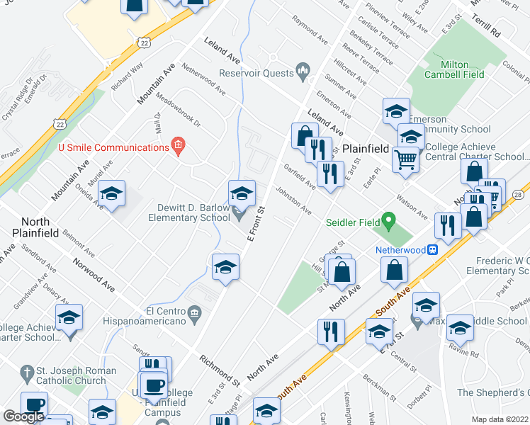 map of restaurants, bars, coffee shops, grocery stores, and more near 853 East Front Street in Plainfield