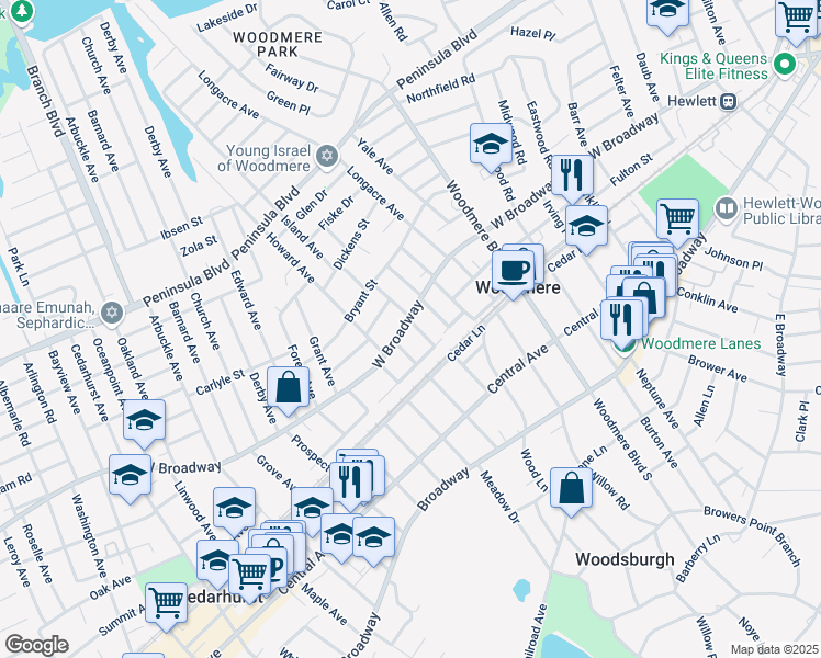 map of restaurants, bars, coffee shops, grocery stores, and more near 814 Broadway in Woodmere