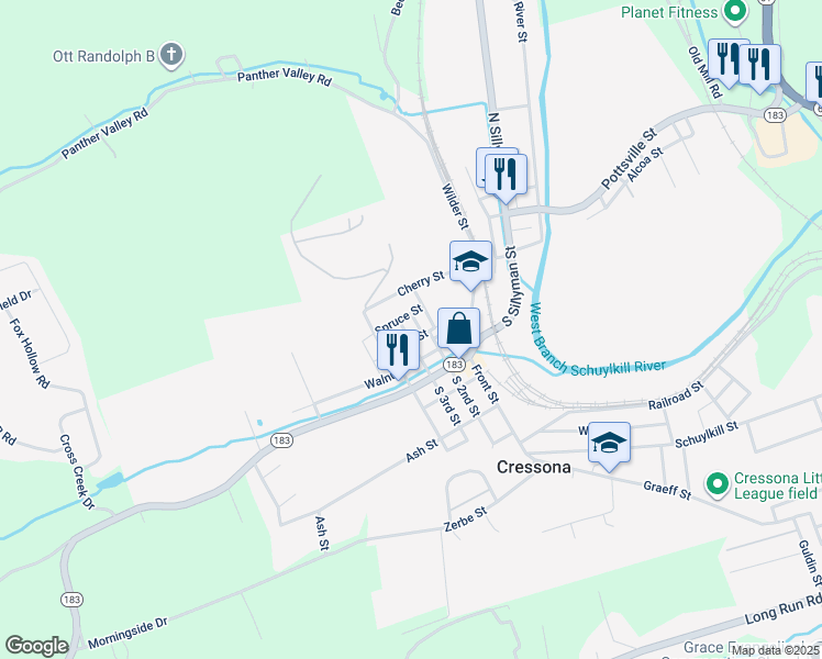 map of restaurants, bars, coffee shops, grocery stores, and more near 44 North 3rd Street in Cressona