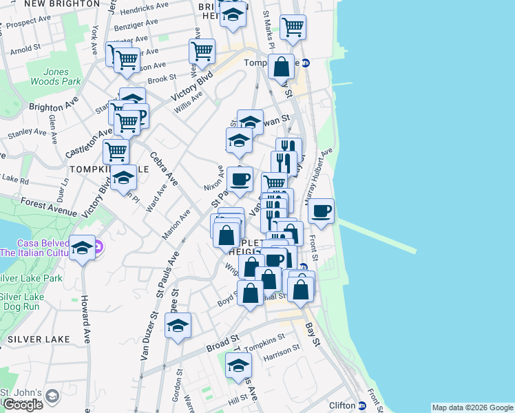 map of restaurants, bars, coffee shops, grocery stores, and more near 480 Bay Street in Staten Island