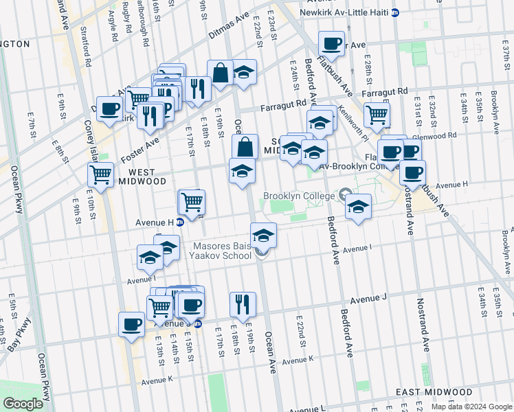 map of restaurants, bars, coffee shops, grocery stores, and more near 1924 H Avenue in Brooklyn