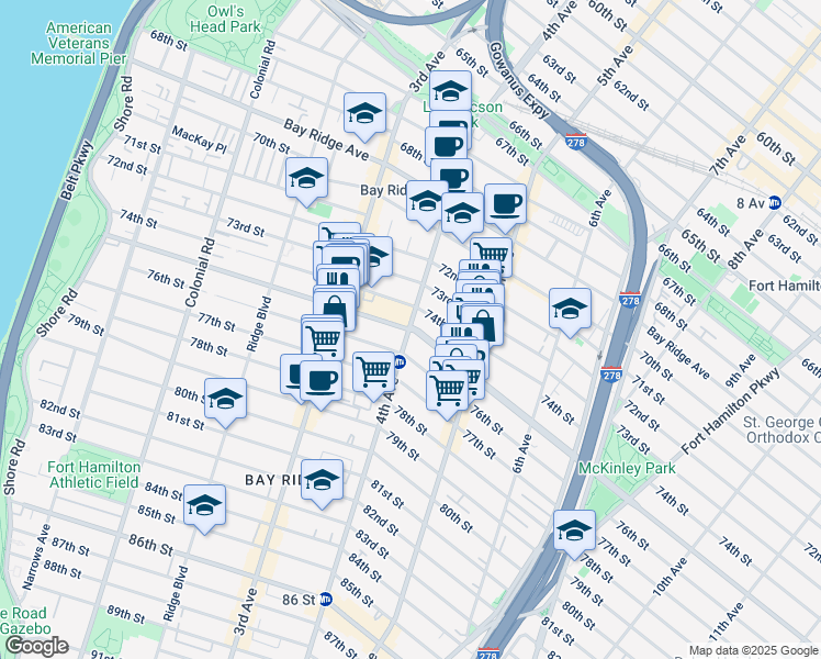 map of restaurants, bars, coffee shops, grocery stores, and more near 402 Bay Ridge Parkway in Brooklyn