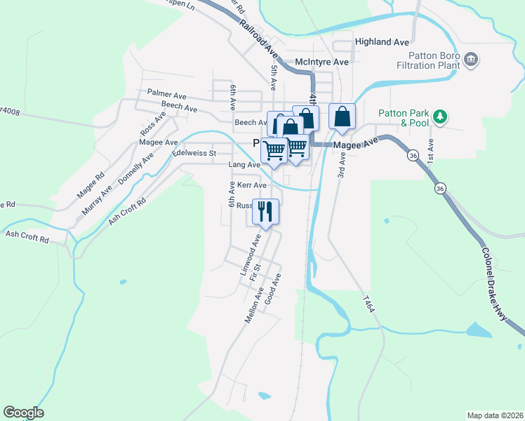 map of restaurants, bars, coffee shops, grocery stores, and more near 400-498 University Ave in Patton