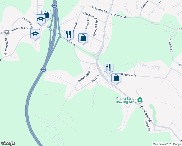 map of restaurants, bars, coffee shops, grocery stores, and more near 113 Bunker Hill Road in Aliquippa