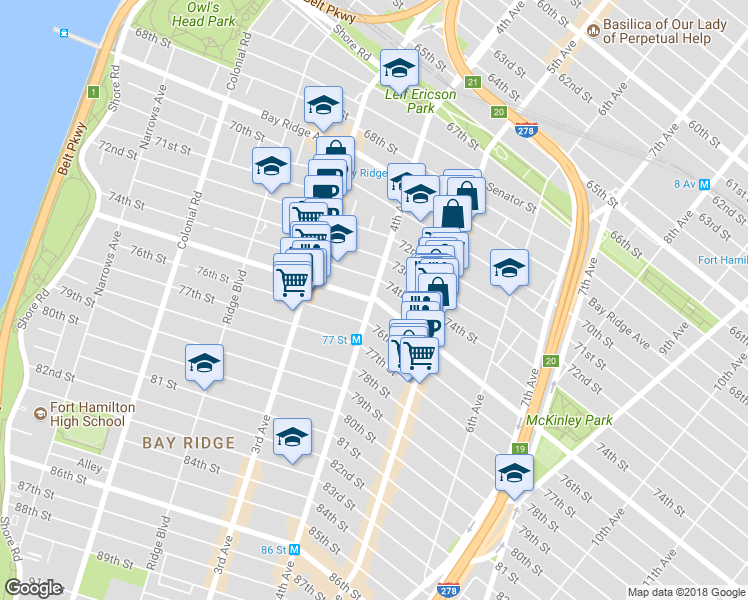 map of restaurants, bars, coffee shops, grocery stores, and more near 402 Bay Ridge Parkway in Brooklyn