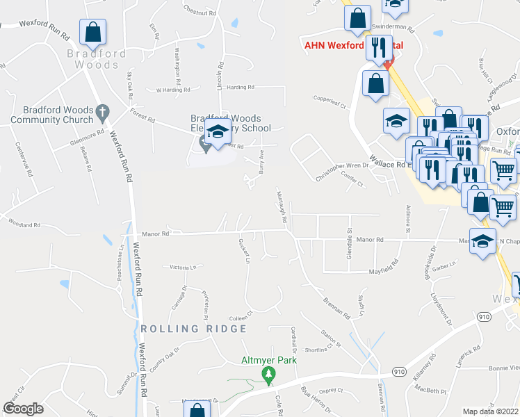 map of restaurants, bars, coffee shops, grocery stores, and more near 103 Kings Court in Wexford