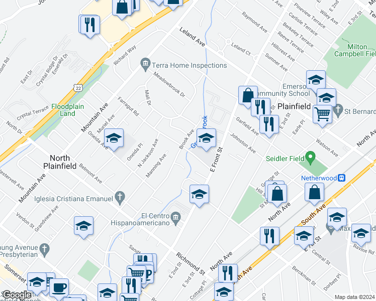 map of restaurants, bars, coffee shops, grocery stores, and more near 1 Farragut Road in Plainfield
