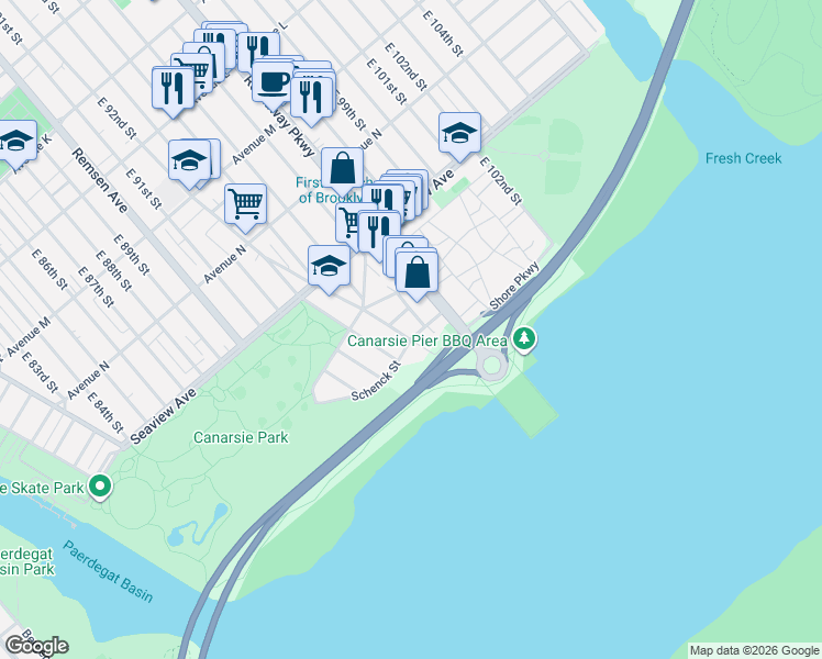 map of restaurants, bars, coffee shops, grocery stores, and more near 9505 Schenck Street in Brooklyn