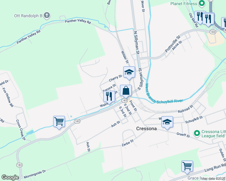 map of restaurants, bars, coffee shops, grocery stores, and more near 44 North 3rd Street in Cressona