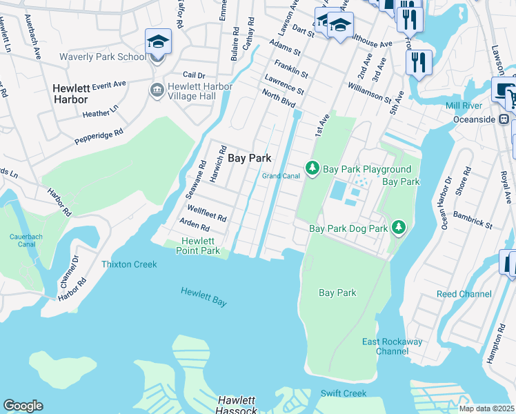 map of restaurants, bars, coffee shops, grocery stores, and more near 123 West Boulevard in East Rockaway