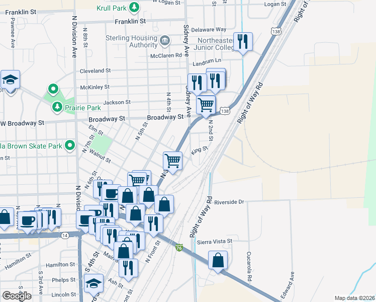 map of restaurants, bars, coffee shops, grocery stores, and more near 229 Pine Street in Sterling
