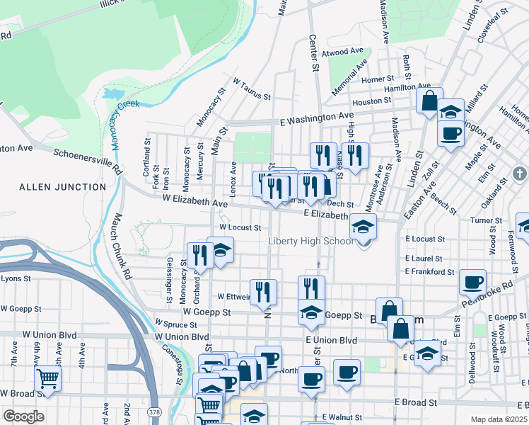 map of restaurants, bars, coffee shops, grocery stores, and more near 1214 North New Street in Bethlehem