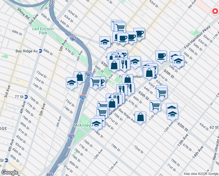 map of restaurants, bars, coffee shops, grocery stores, and more near 839 68th Street in Brooklyn