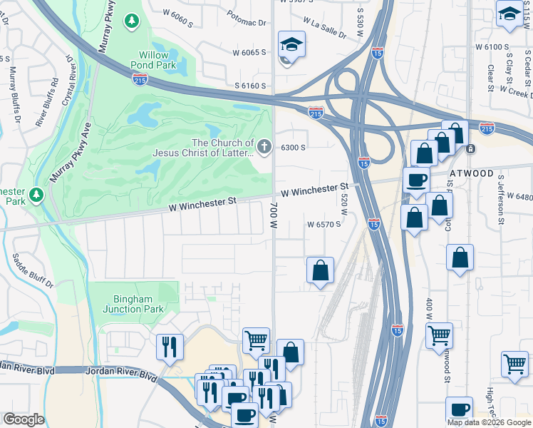 map of restaurants, bars, coffee shops, grocery stores, and more near 6425 710 West in Murray
