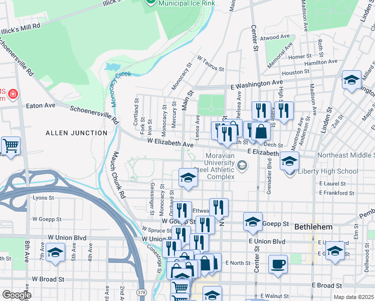 map of restaurants, bars, coffee shops, grocery stores, and more near 1200 Main Street in Bethlehem