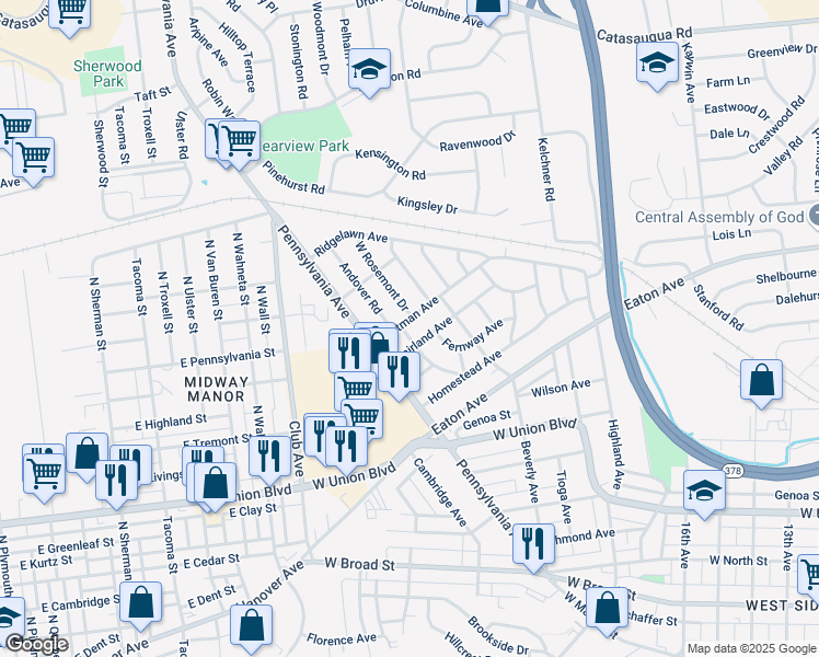 map of restaurants, bars, coffee shops, grocery stores, and more near 2110 Fairland Avenue in Bethlehem