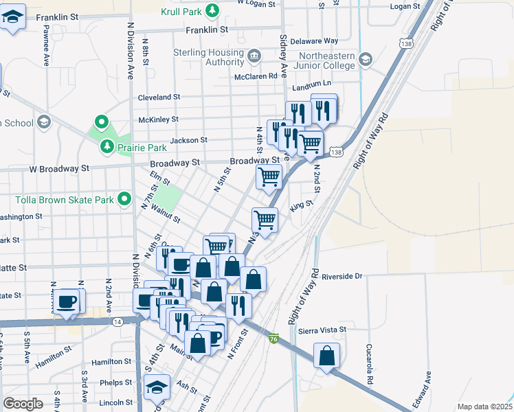 map of restaurants, bars, coffee shops, grocery stores, and more near 605 North 3rd Street in Sterling