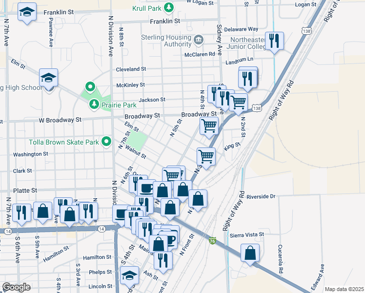 map of restaurants, bars, coffee shops, grocery stores, and more near 603 North 4th Street in Sterling