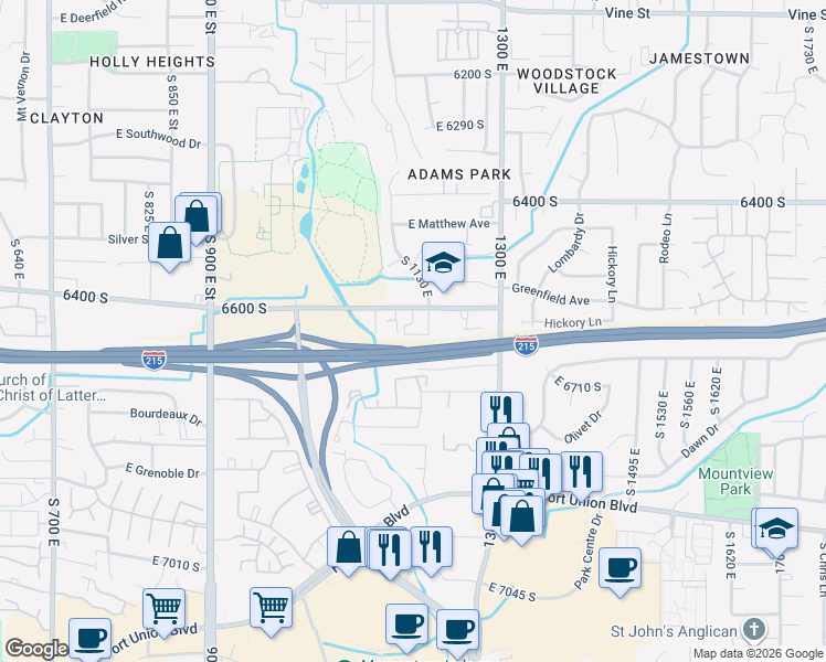 map of restaurants, bars, coffee shops, grocery stores, and more near 1162 East 6600 South in Murray