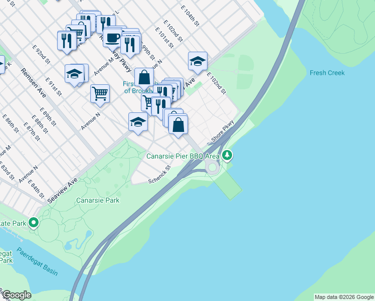 map of restaurants, bars, coffee shops, grocery stores, and more near 9522 Schenck Street in Brooklyn