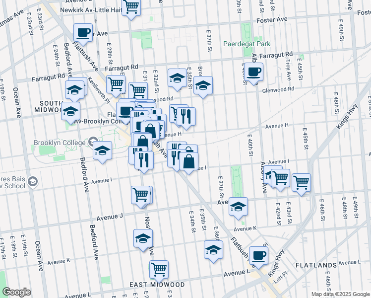 map of restaurants, bars, coffee shops, grocery stores, and more near 1655 Flatbush Avenue in Brooklyn