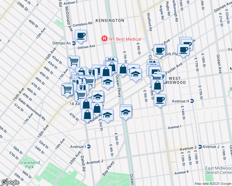 map of restaurants, bars, coffee shops, grocery stores, and more near 173 Parkville Avenue in Brooklyn