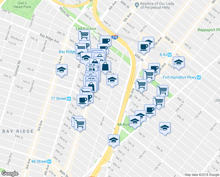 map of restaurants, bars, coffee shops, grocery stores, and more near 619 72nd Street in Brooklyn
