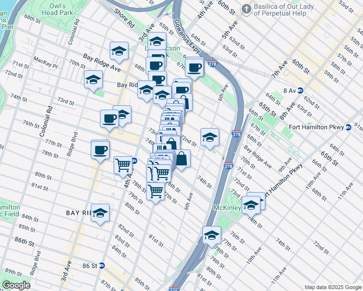 map of restaurants, bars, coffee shops, grocery stores, and more near 7402 5th Avenue in Brooklyn