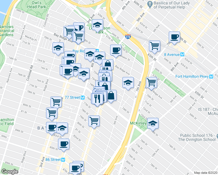 map of restaurants, bars, coffee shops, grocery stores, and more near 7402 5th Avenue in Brooklyn