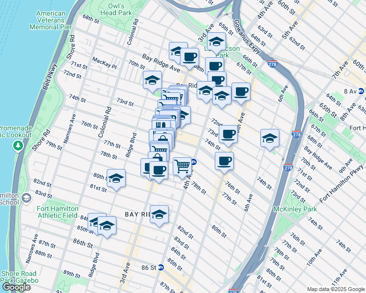 map of restaurants, bars, coffee shops, grocery stores, and more near 347 76th Street in Brooklyn
