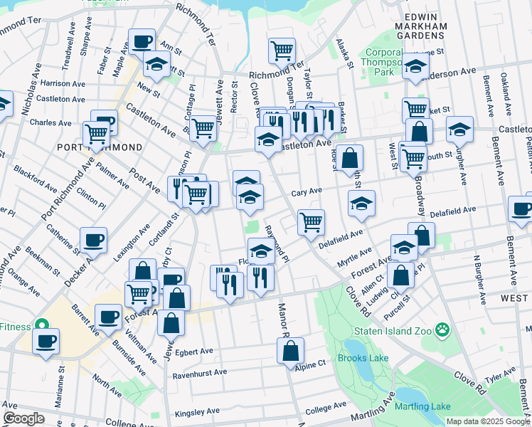 map of restaurants, bars, coffee shops, grocery stores, and more near 57 Lyceum Court in Staten Island