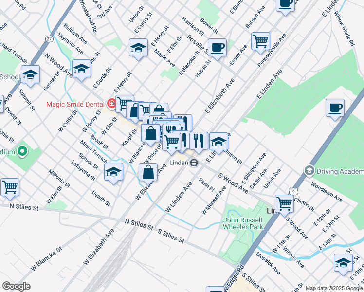 map of restaurants, bars, coffee shops, grocery stores, and more near 10 North Wood Avenue in Linden