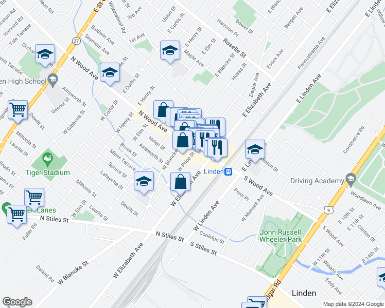 map of restaurants, bars, coffee shops, grocery stores, and more near 40 West Price Street in Linden