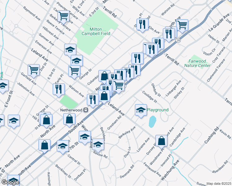 map of restaurants, bars, coffee shops, grocery stores, and more near 1228 Pacific Street in Plainfield