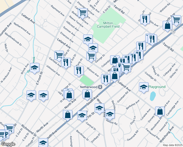 map of restaurants, bars, coffee shops, grocery stores, and more near 332-34 Watson Avenue in Plainfield