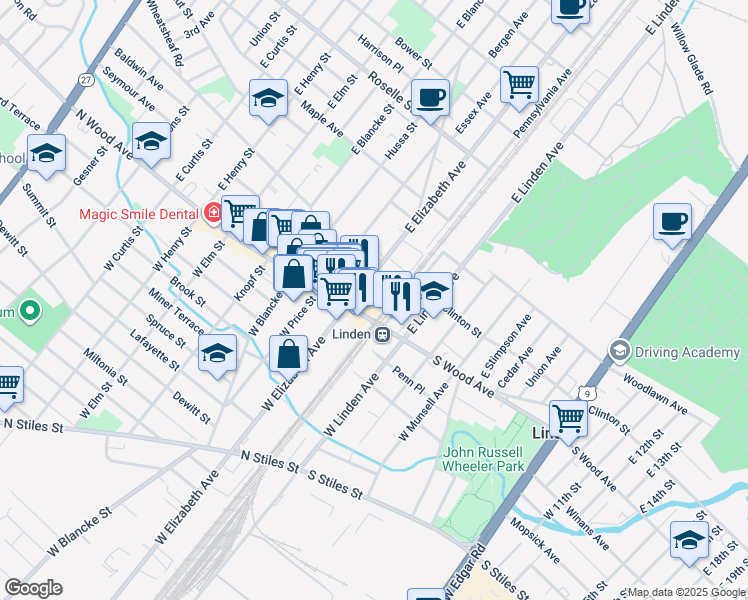 map of restaurants, bars, coffee shops, grocery stores, and more near 10 Wood Avenue in Linden