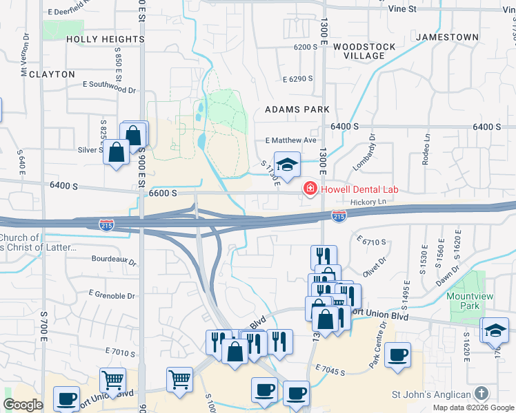 map of restaurants, bars, coffee shops, grocery stores, and more near 1148 East 6600 South in Murray