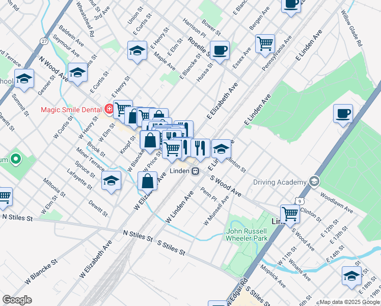 map of restaurants, bars, coffee shops, grocery stores, and more near 10 North Wood Avenue in Linden