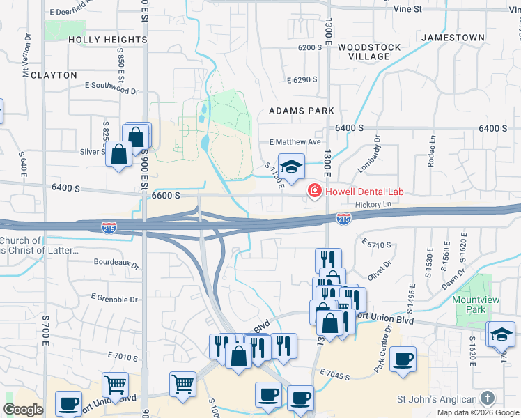 map of restaurants, bars, coffee shops, grocery stores, and more near 1148 East 6600 South in Murray