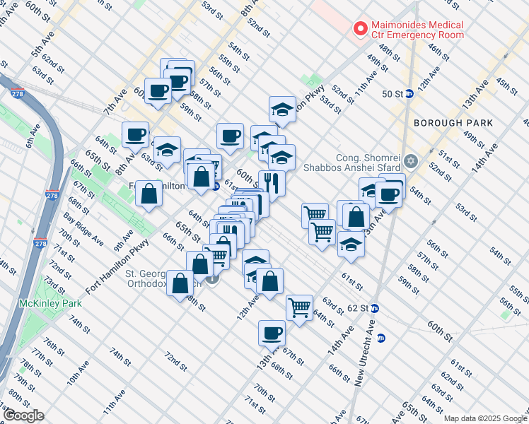 map of restaurants, bars, coffee shops, grocery stores, and more near 61st St & 11th Ave in Brooklyn