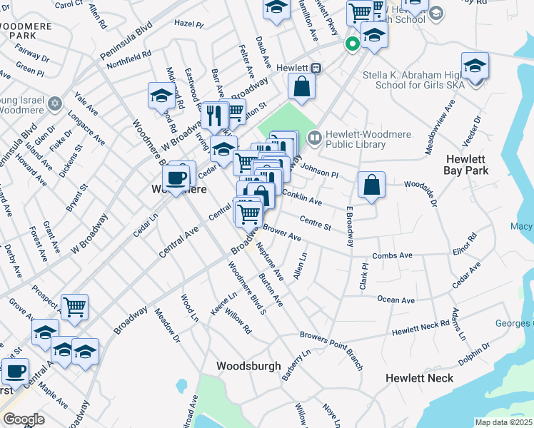 map of restaurants, bars, coffee shops, grocery stores, and more near 18 Brower Avenue in Woodmere