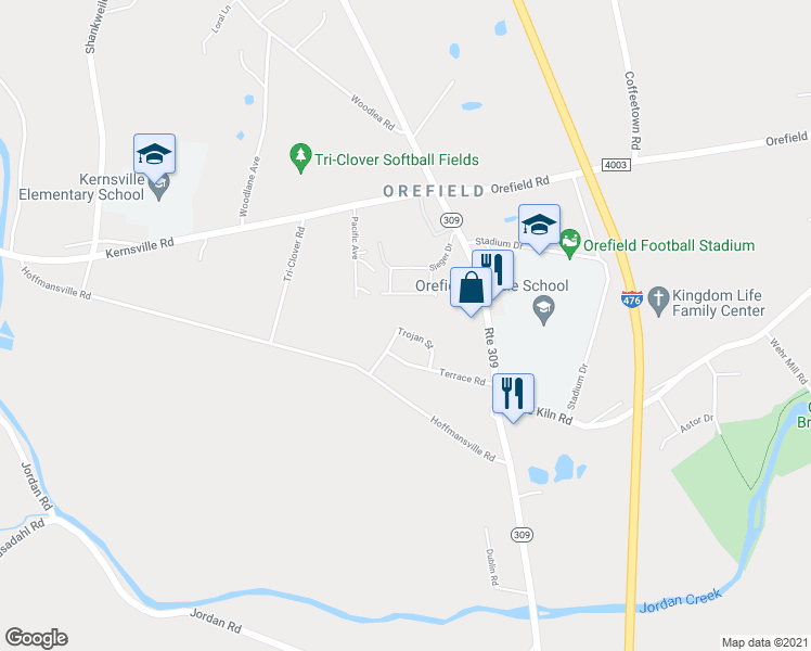 map of restaurants, bars, coffee shops, grocery stores, and more near 4745 Trojan Street in Lehigh County