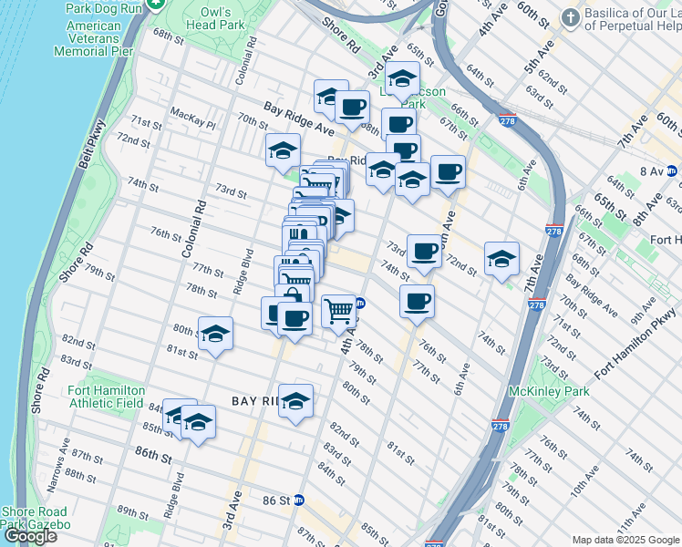 map of restaurants, bars, coffee shops, grocery stores, and more near 347 76th Street in Brooklyn